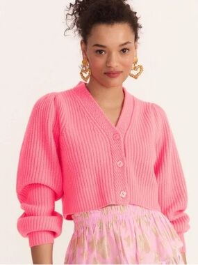 LoveShackFancy Pink Cropped Avignon Knit Cardigan Sweater